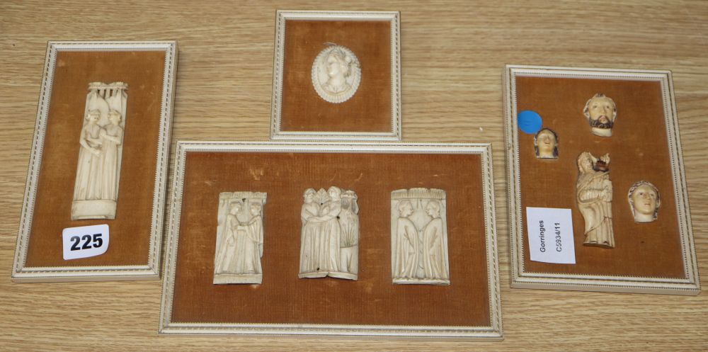 Four, possibly 15th century, Venetian bone panels, in two frames, three 18th / 19th century painted ivory fragments framed with similar